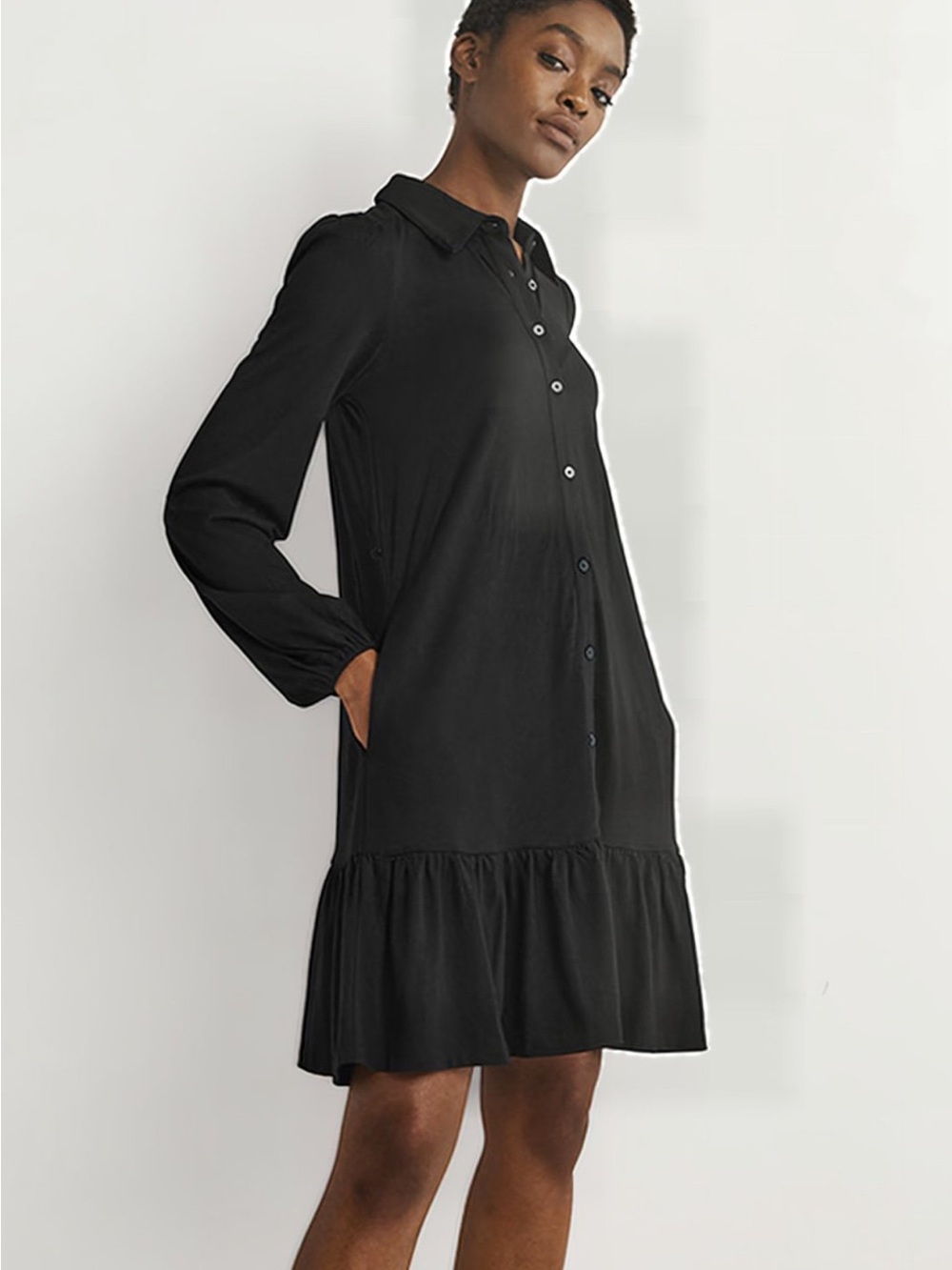 Boden Black Tiered Jersey Collared Button Front Mini Shirt Dress Size 8